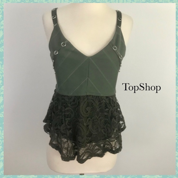 Topshop Tops - TopShop Green Lace/Silver Ring Detail Tank Top M